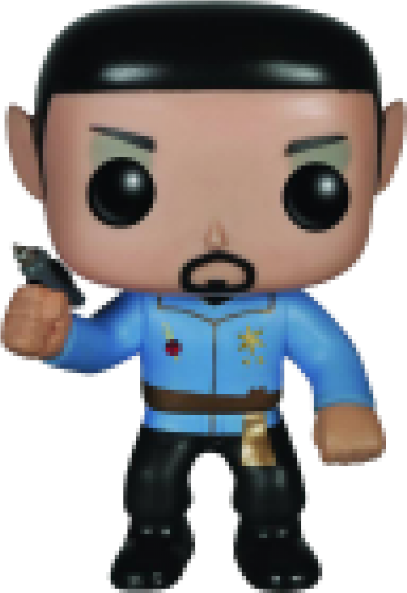 星際迷航史波克 Funko Pop 人偶 壁紙 — 一個風格化的Funko Pop公仔，Spock穿著藍色制服並持有金色徽章，手持相位槍。