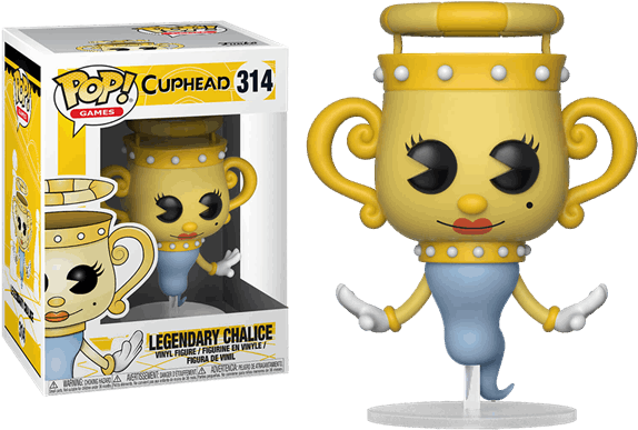 杯頭傳奇聖杯Funko Pop 壁紙 — 一個黃色杯形Funko Pop!公仔，帶有珍珠邊飾和睫毛，站在其盒裝包裝旁邊。