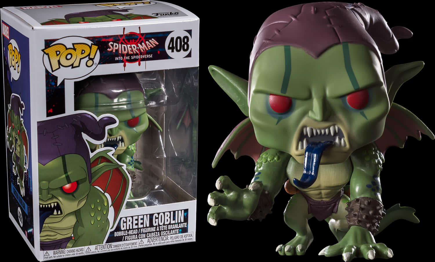 綠惡魔 Funko Pop 公仔 壁紙 — 一個綠色哥布林 Funko Pop! 乙烯基公仔，紅色眼睛和藍色舌頭，站在其收藏盒旁邊，背景為黑色。