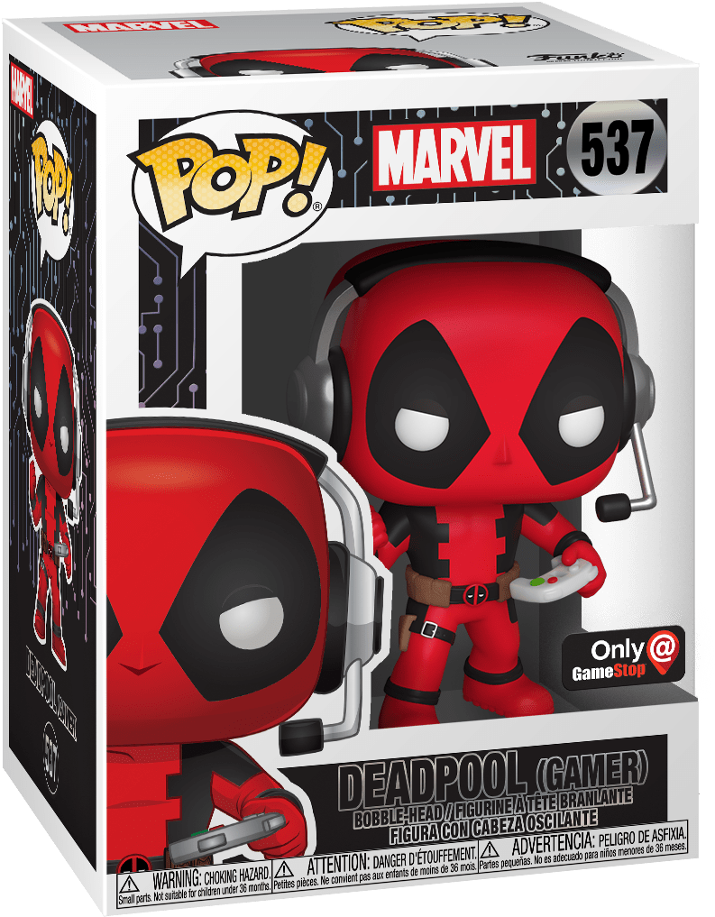 死侍玩家版 Funko Pop 獨家款 壁紙 — 一個紅色和黑色的死侍Funko Pop!公仔，穿著遊戲裝備，在其品牌盒內拿著控制器。