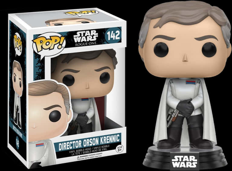 星際大戰：義軍傳奇 監督官克倫尼克 Funko Pop 壁紙 — 來自《星際大戰：俠盜一號》的奧森·克倫尼克局長Funko Pop! 軟膠公仔，旁邊是其收藏盒，背景為黑色。