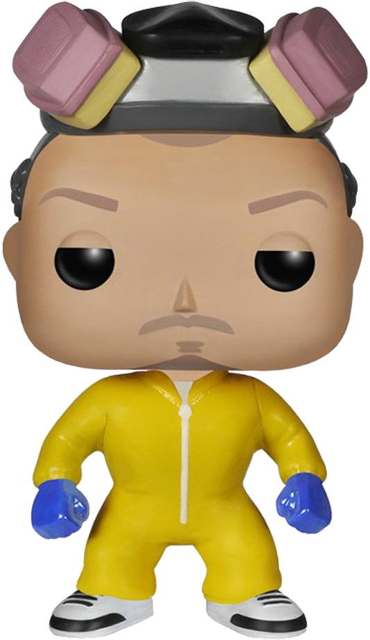 《絕命毒師》黃色防護服 Funko Pop 壁紙 — Walter White 嘅 Funko Pop 塑膠公仔，身穿標誌性黃色防護衣，配有粉紅色同黃色髮捲。