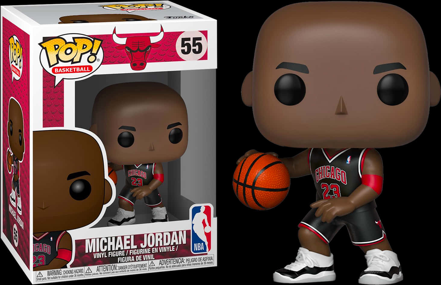 邁克爾·喬丹 Funko Pop 玩偶 壁紙 — 一個穿著芝加哥公牛隊球衣的米高佐敦 Funko Pop! 乙烯基公仔，旁邊有收藏盒，手持籃球。