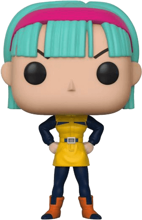 布爾瑪 Funko Pop 公仔 壁紙 — 來自龍珠的布瑪的風格化Funko Pop公仔，擁有藍綠色頭髮、粉紅色頭帶、黃色上衣和橙色靴子。