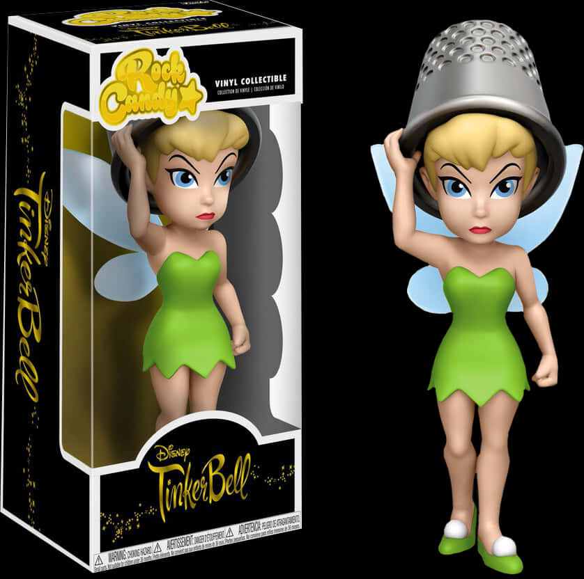 小叮噹Funko Pop乙烯基公仔 壁紙 — 一個穿著綠色連衣裙的Q版小叮噹（Tinker Bell）乙烯基人偶，頭上頂著一個金屬濾網，旁邊是她的收藏盒。