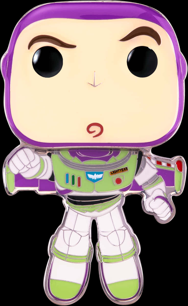巴斯光年 Funko Pop人偶 壁紙 — 一個風格化的Funko Pop!巴斯光年徽章，身穿標誌性綠色和紫色太空服，表情堅定。