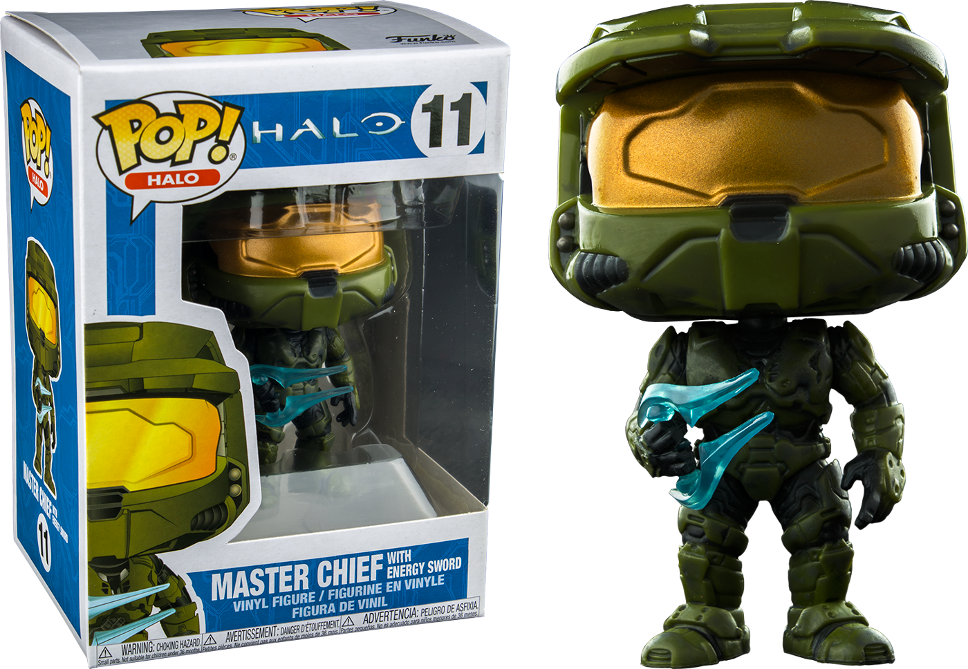 《光環》士官長 Funko Pop 玩偶 壁紙 — 一個綠色和金色的 Master Chief Funko Pop! 乙烯基人偶，手持發光藍色能量劍，旁邊是其收藏盒。
