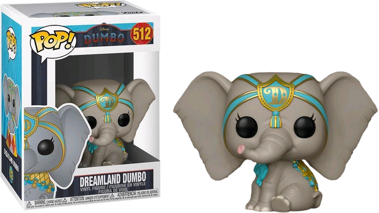 夢幻樂園小飛象 Funko Pop 玩具 壁紙 — 一個灰色的Funko Pop!小飛象乙烯基公仔，戴著藍色和金色的頭飾，坐在其原裝包裝旁邊。