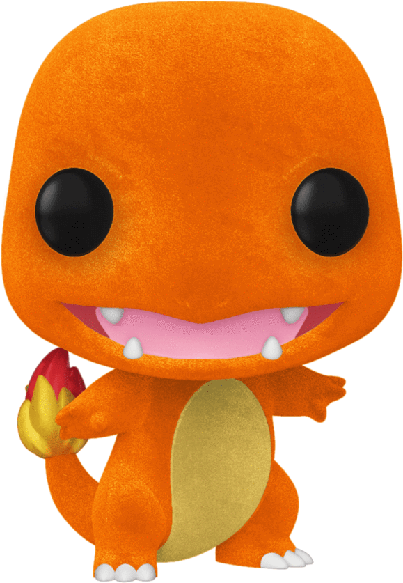 小火龍 Funko Pop 模型 壁紙 — 一個橙色、表情愉快的小火龍 Funko Pop 公仔，有大黑眼睛和火焰尾巴，站在黑色背景前。