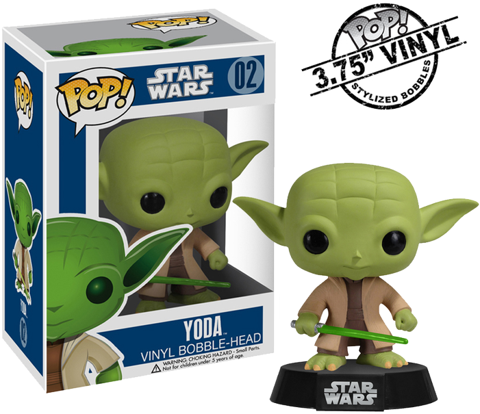 星際大戰葉孤城 Funko Pop 收藏品 壁紙 — 一個綠色的尤達 Funko Pop! 乙烯基人偶手持光劍，站在其藍白色包裝旁邊。