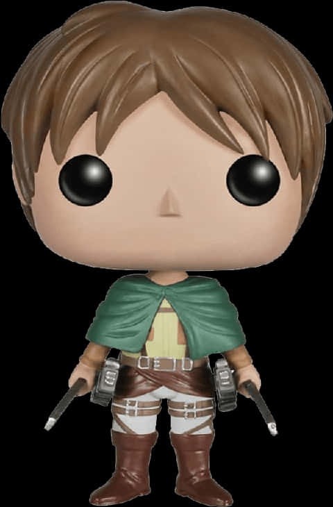 Funko Pop 艾倫人偶 壁紙 — 一個棕色頭髮的動漫角色，身穿綠色斗篷和棕色裝備，手持雙刃的Funko Pop! 乙烯基公仔。