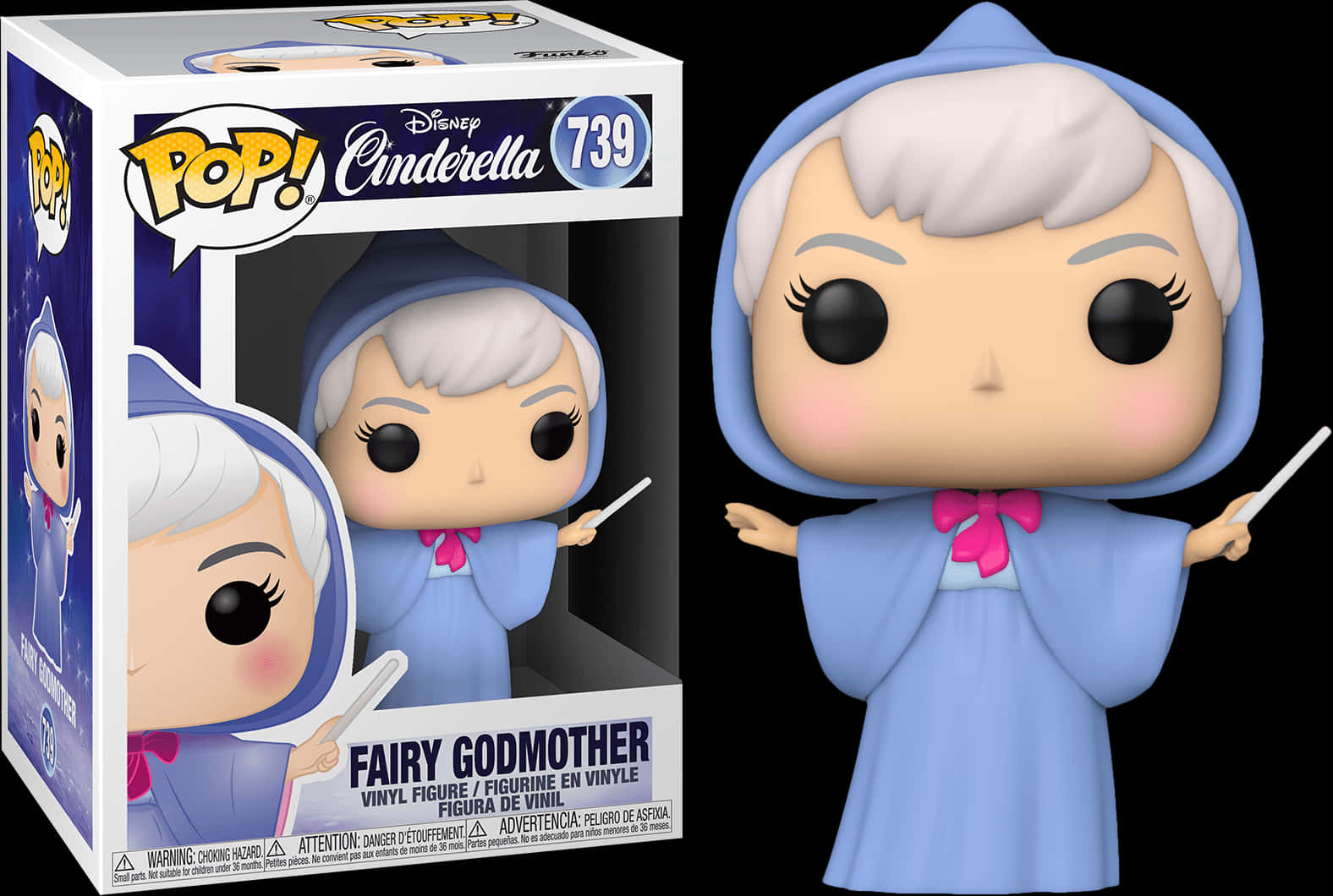Funko Pop灰姑娘仙女教母 壁紙 — Fairy Godmother Funko Pop! 藍色長袍配粉紅色蝴蝶結的塑膠公仔，手持魔杖站在盒子旁邊。