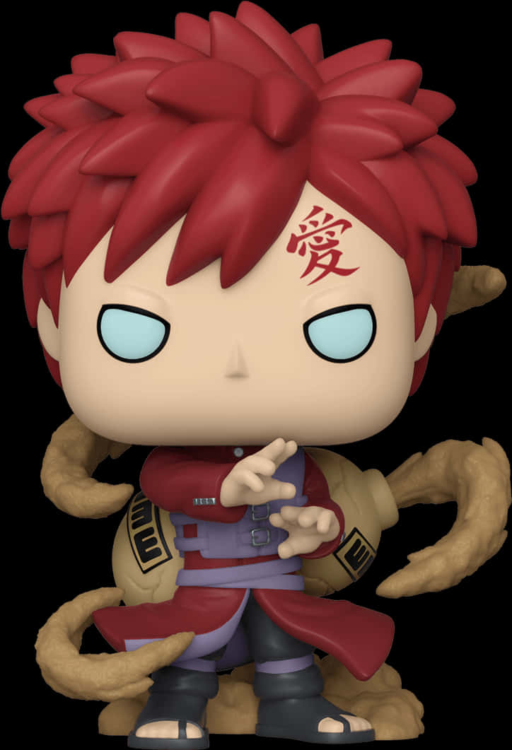Funko Pop 我愛羅人偶 壁紙 — 一個紅色頭髮、藍色眼睛、額頭上有漢字紋身的動漫角色的Funko Pop!人偶站在黑色背景前。