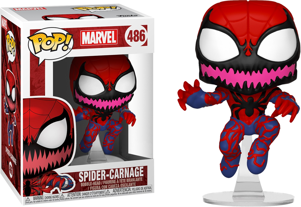 蜘蛛卡內奇 Funko Pop 公仔 壁紙 — 一個紅、藍、黑色的 Funko Pop! Marvel 蜘蛛屠殺人偶，帶有粉紅色尖牙，展示在盒子旁邊。