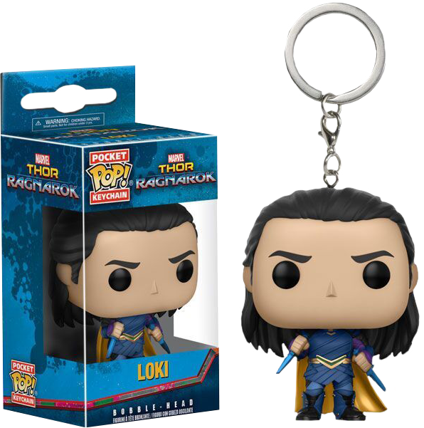 洛基 Funko Pop! 鑰匙圈（雷神索爾：黑暗世界） 壁紙 — 一個來自《雷神奇俠3：諸神黃昏》中洛基的Funko Pop!鎖匙扣，旁邊是其藍色包裝，背景為黑色。