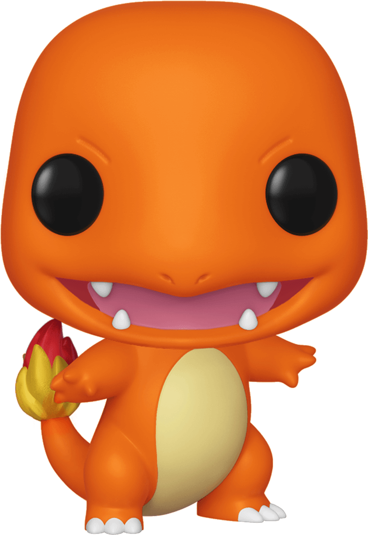 小火龍 Funko Pop 公仔 壁紙 — 一個橙色、開心的 Charmander Funko Pop 公仔，有大黑眼睛和火焰尾巴，企喺純色背景前面。