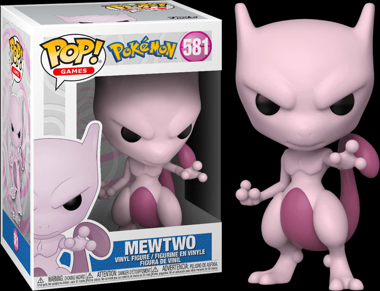Funko Pop Mewtwo人偶581 壁紙 — 一個粉紅色的 Mewtwo Funko Pop! 乙烯基人偶站在其收藏盒旁邊，背景為黑色。