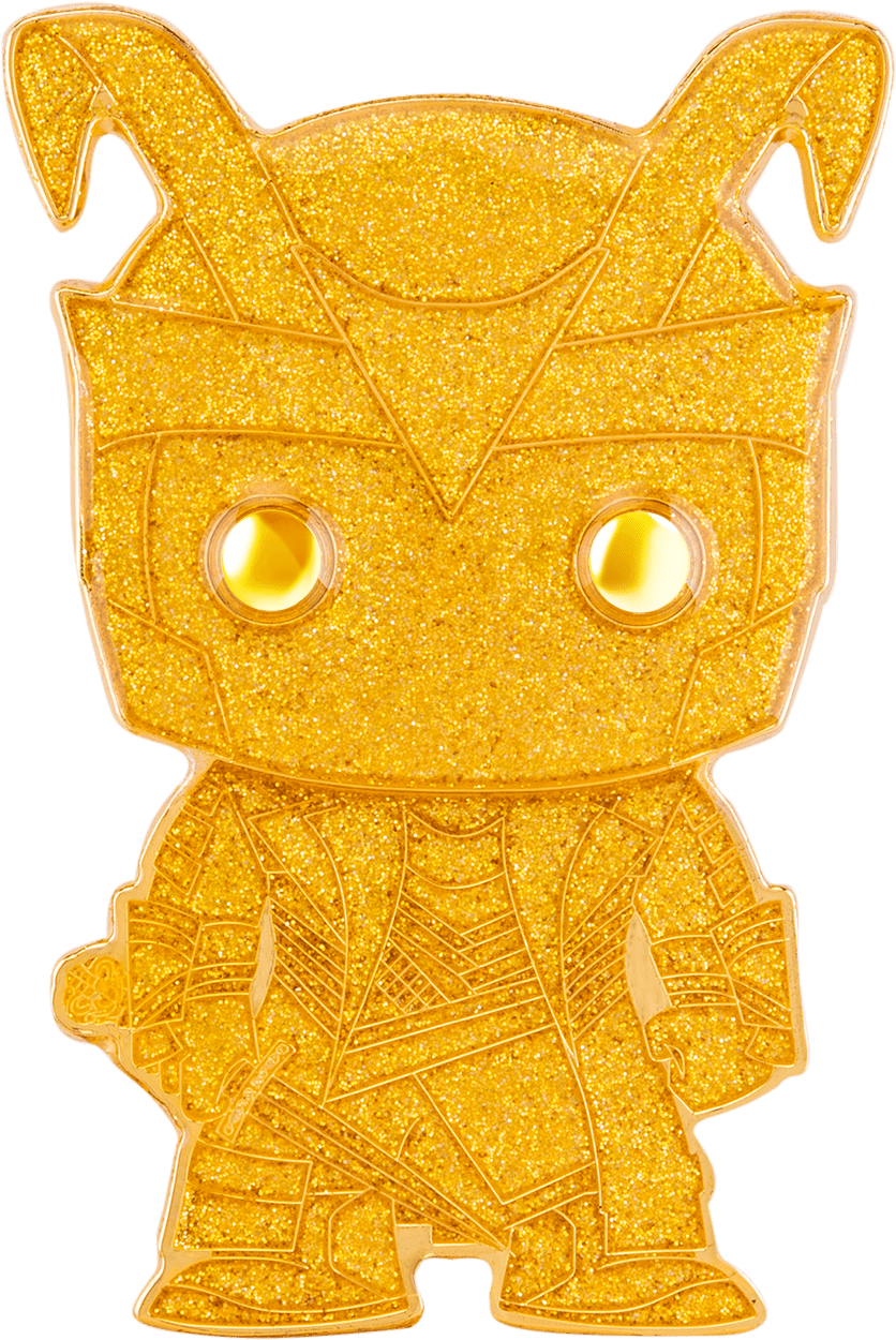 金色洛基 Funko Pop 模型 壁紙 — 一個閃閃發光的金色Q版洛基人偶，帶有發光的眼睛和精細的盔甲細節，背景為黑色。