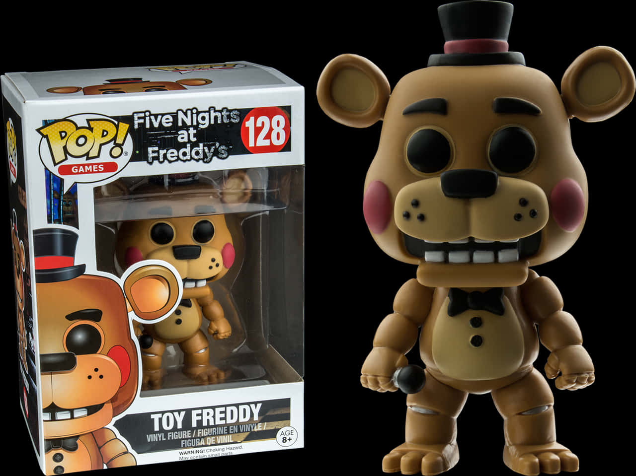 Funko Pop玩具弗雷迪人偶 壁紙 — 一個來自《Five Nights at Freddy's》的 Toy Freddy Funko Pop! 乙烯基公仔，旁邊放著它的盒子，背景為黑色。