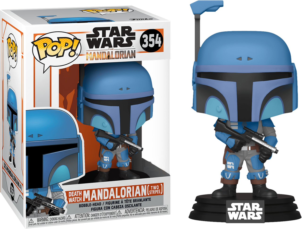 死亡守望曼達洛人 Funko Pop 壁紙 — 一個藍色和黑色的死亡守望曼達洛人 Funko Pop! 人偶站在其盒子旁邊，手持爆能槍。