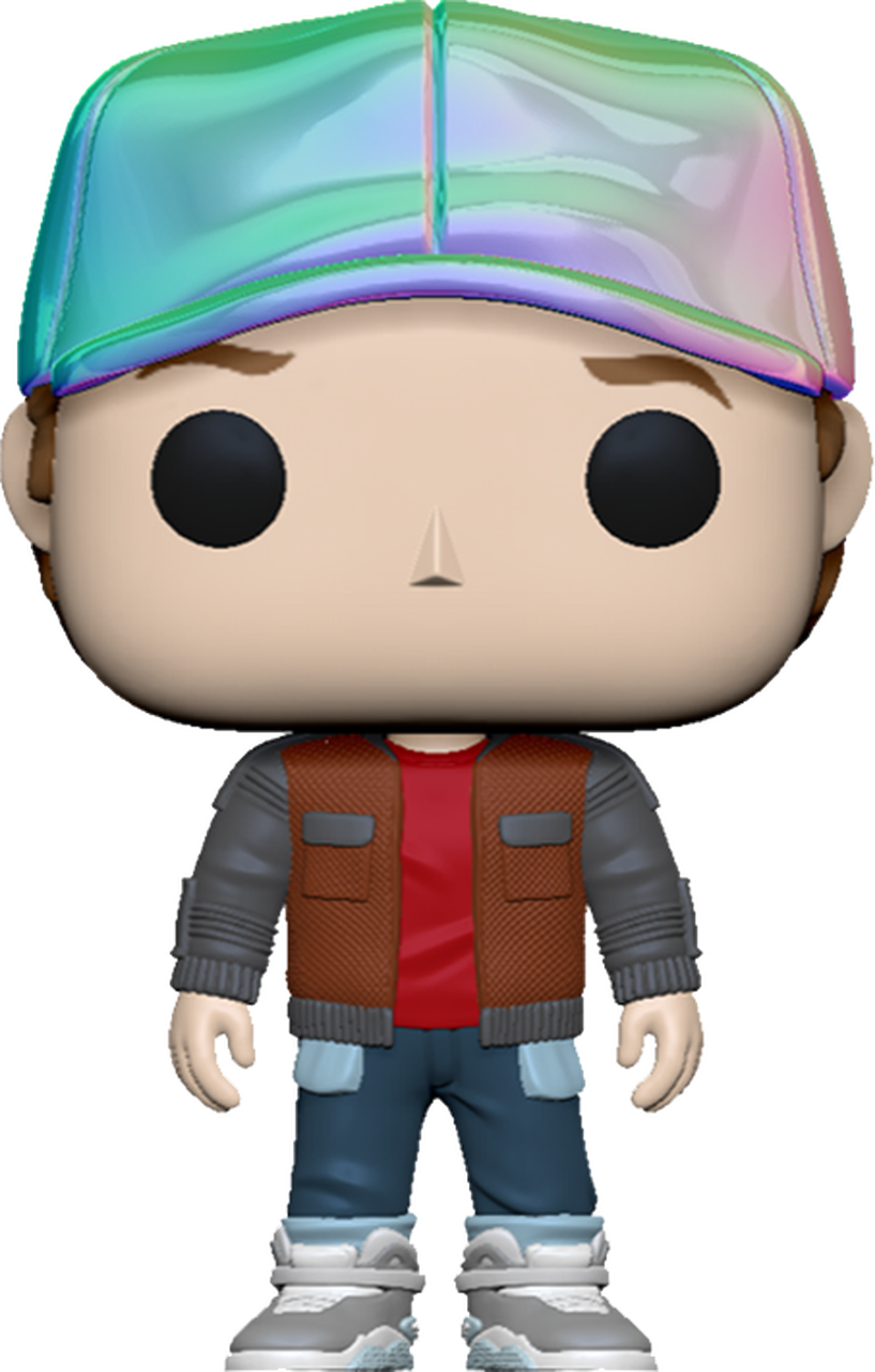 回到未來Funko Pop角色 壁紙 — 一個 Funko Pop 人偶，描繪 Marty McFly 穿著他標誌性的紅色襯衫、棕色背心和彩虹帽，站在純色背景前。
