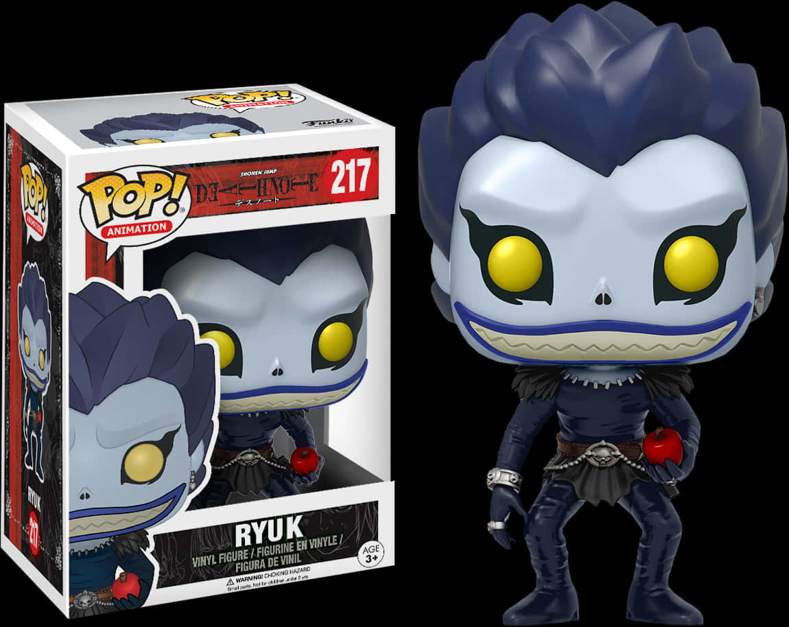琉克死亡筆記本Funko Pop玩偶 壁紙 — 來自死亡筆記的琉克拿著紅蘋果，旁邊是其收藏盒的Funko Pop! 乙烯基人偶。