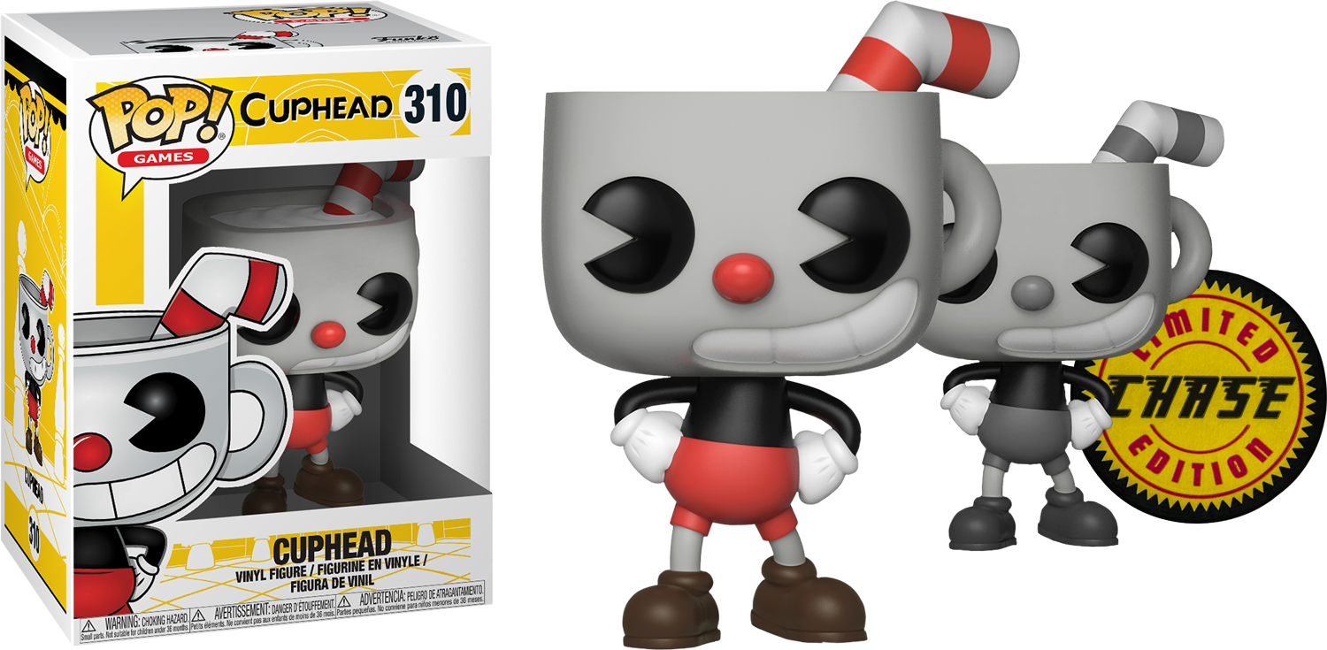 杯頭 Funko Pop 人偶 壁紙 — 一個限量版 Funko Pop! Cuphead 乙烯基人偶站在其盒子旁邊，背景為黑色。