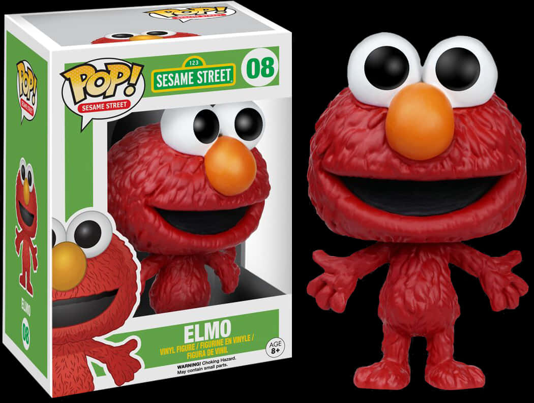 Funko Pop 艾摩《芝麻街》 壁紙 — 一個紅色的 Elmo Funko Pop! 乙烯基公仔站在其綠色和白色包裝旁邊，背景為黑色。