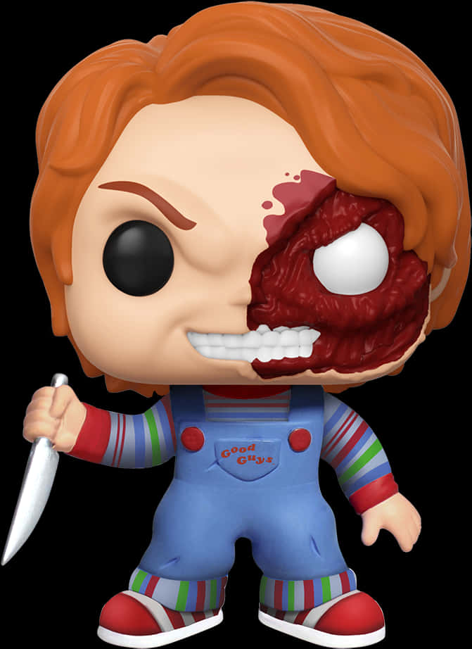 持刀恰奇 Funko Pop 玩偶 壁紙 — Funko Pop! 鬼娃恰吉的乙烯基公仔，半邊臉被怪異地撕開，露出血肉和一隻白眼，背景為黑色。
