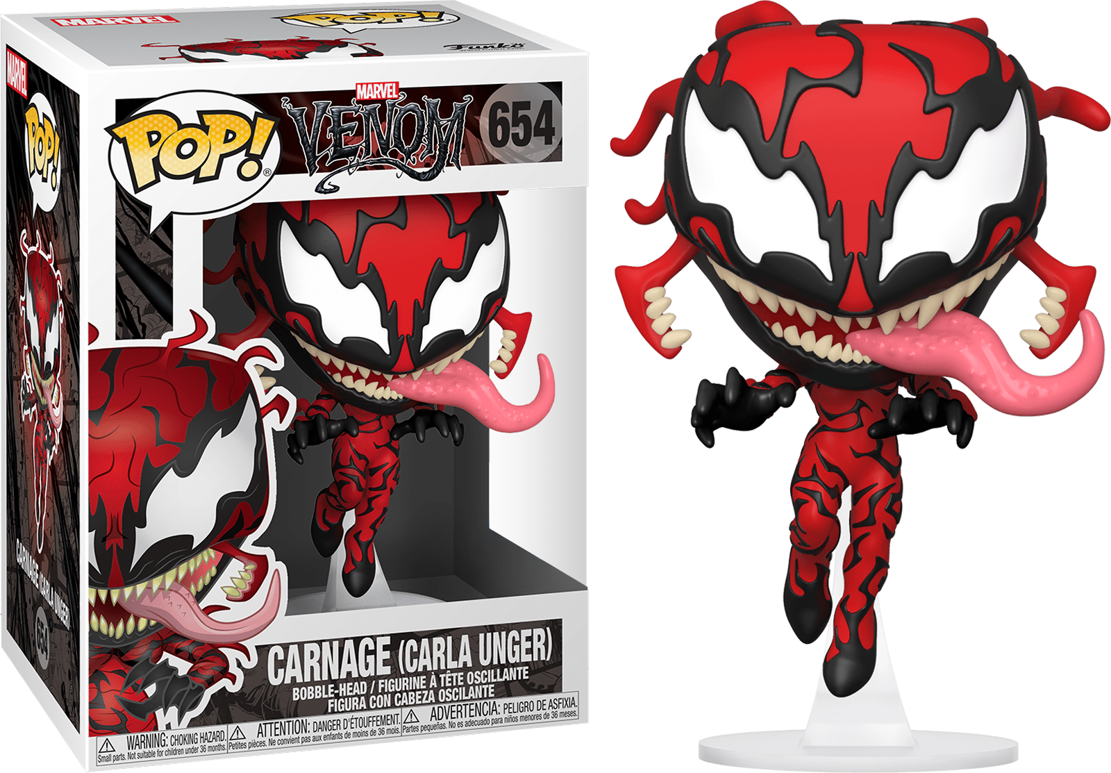 卡內奇（卡羅拉·安格）Funko Pop 公仔 壁紙 — 一個紅色和黑色的 Carnage Funko Pop! 乙烯基公仔，帶有粉紅色舌頭，站在其盒子旁邊，背景為黑色。