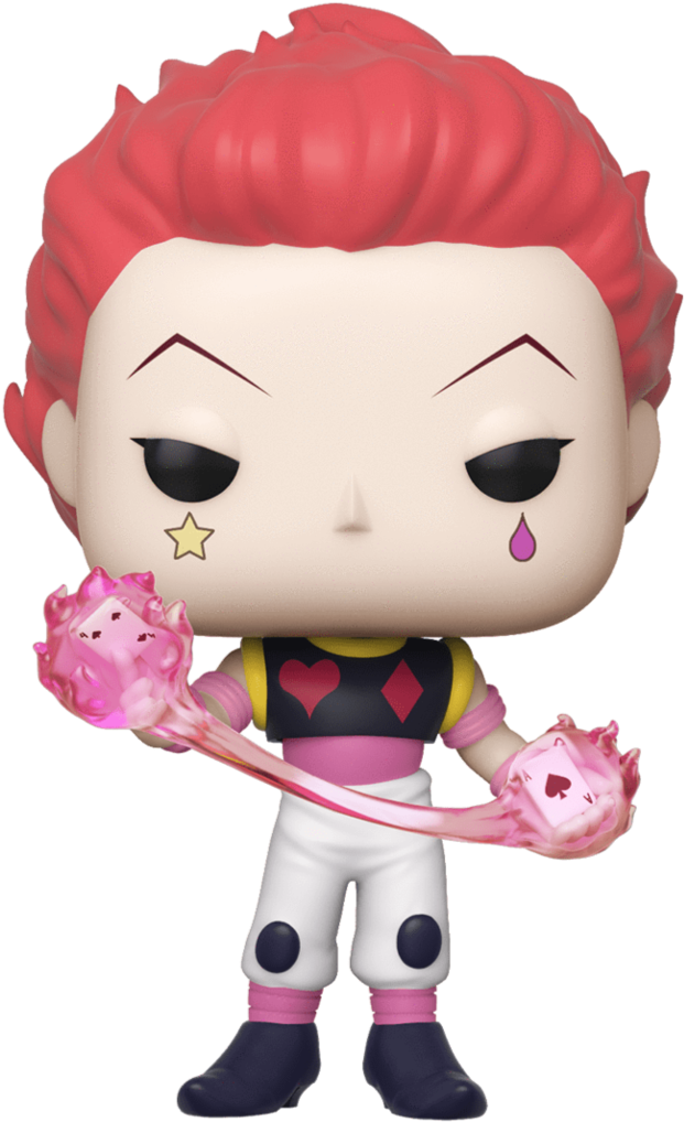 《獵人》他的卡 Funko Pop 壁紙 — 一個紅色尖刺頭髮的Funko Pop公仔，在黑色背景前手持粉紅色水晶球。