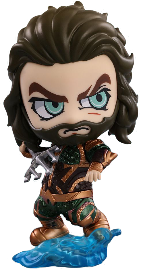 水行俠 Funko Pop 公仔 壁紙 — Chibi風格的水行俠人偶，綠色眼睛和鬍鬚，站在藍色水底座上，手持三叉戟。