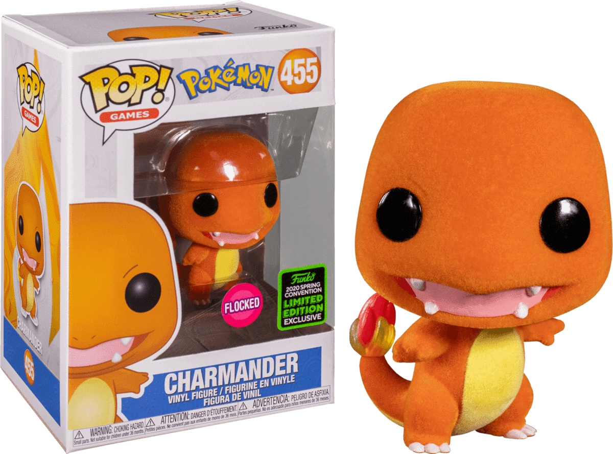 絨毛質感小火龍 Funko Pop 限定版 壁紙 — 一隻植絨橙色Charmander Funko Pop! 塑膠公仔連同其收藏盒放在黑色背景前。
