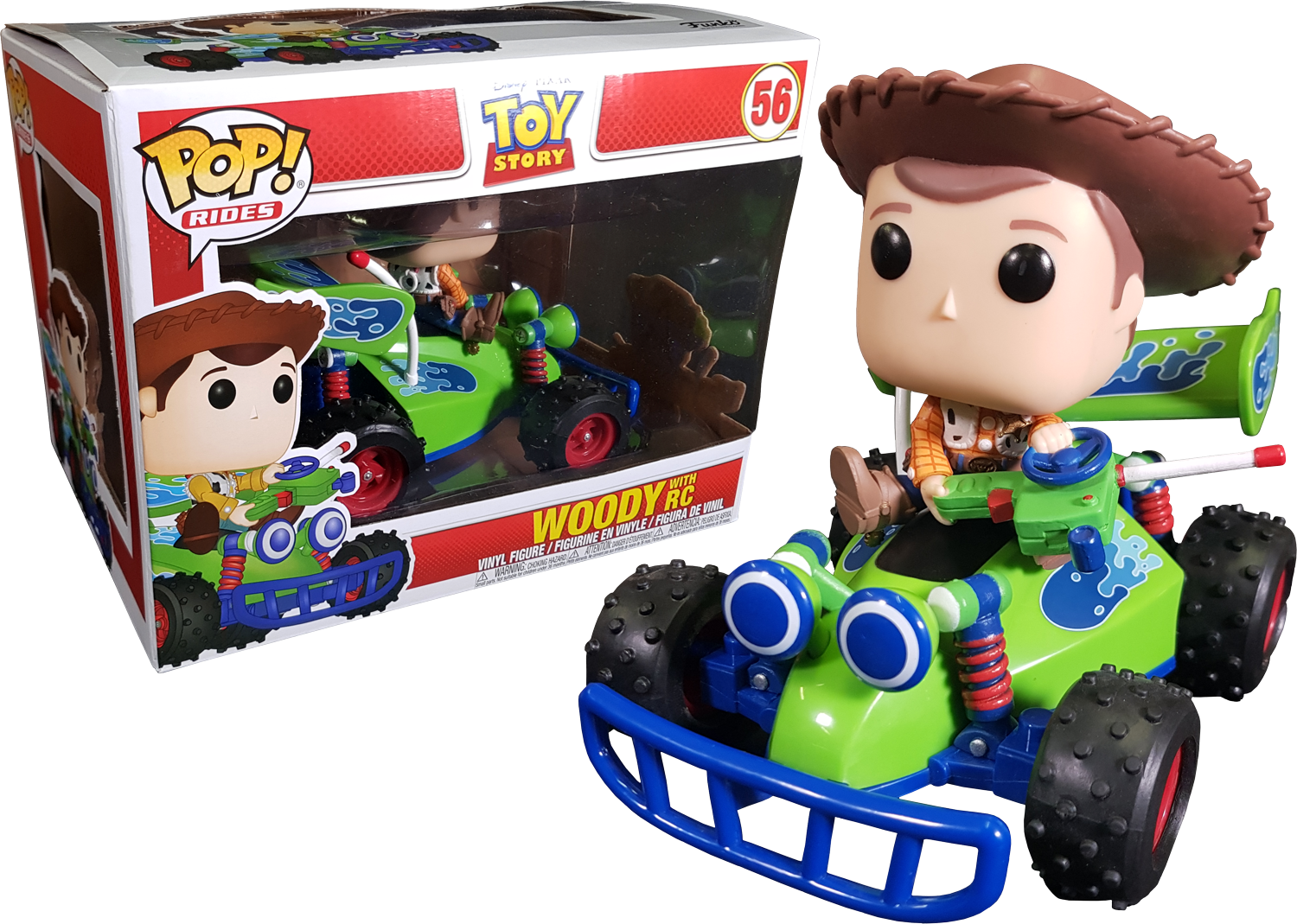 玩具總動員伍迪 Funko Pop Rides 收藏品 壁紙 — Funko Pop! Rides Woody RC 玩具車連人偶放在其彩色包裝盒旁邊，背景為黑色。