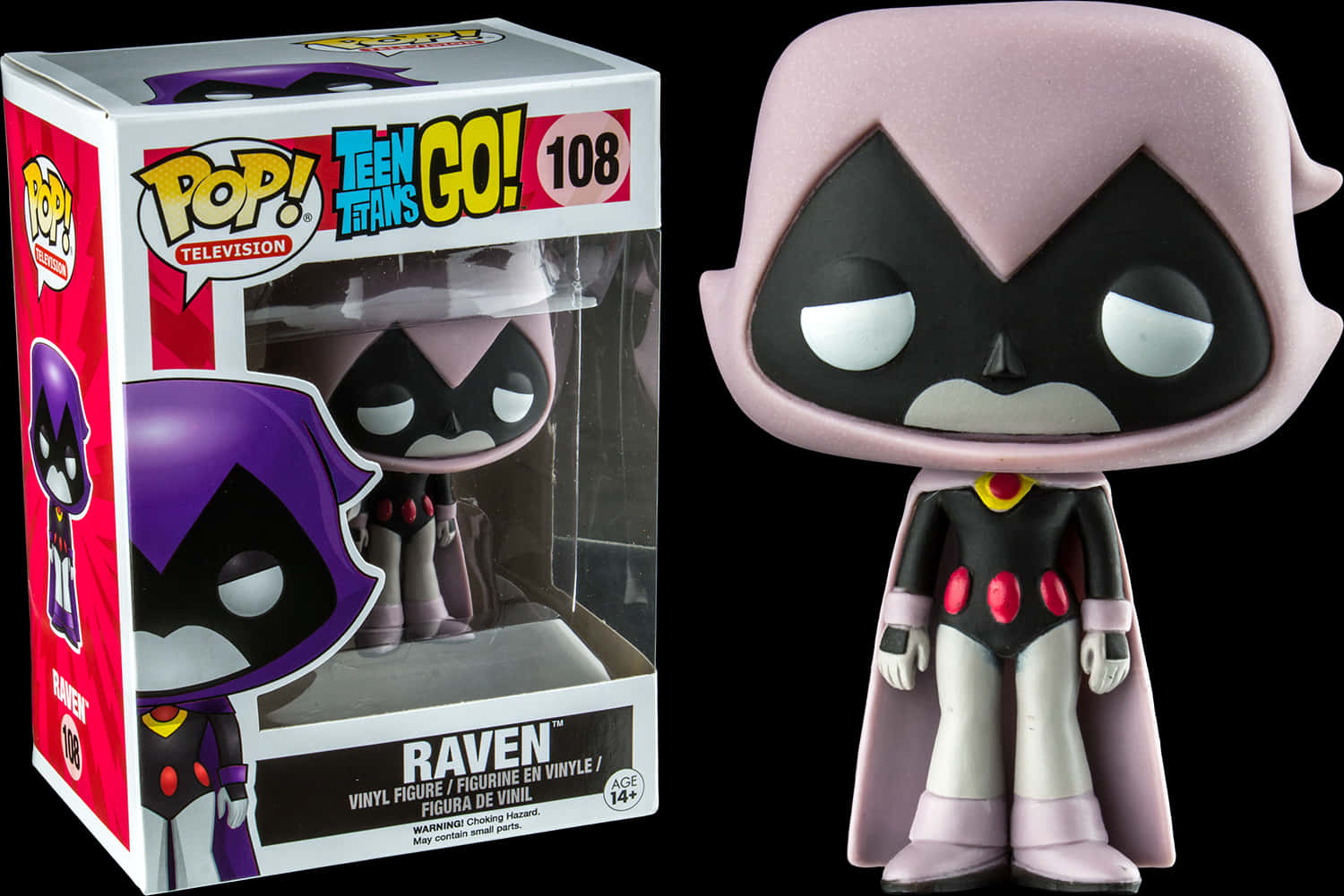 少年正義聯盟：魔女 Funko Pop 模型 壁紙 — 一個來自《少年悍將GO！》的瑞文 Funko Pop! 軟膠公仔，旁邊放著色彩繽紛的收藏盒，背景為黑色。