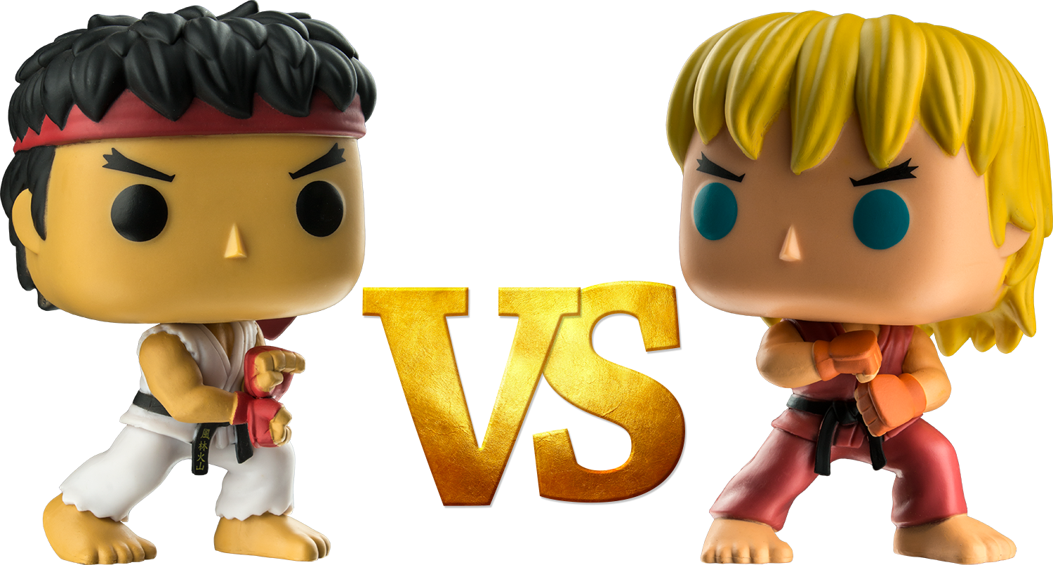 街頭霸王 Funko Pop Ryu vs Ken 壁紙 — 兩個來自街頭霸王的Ryu和Ken的Funko Pop人偶以金色VS標誌分隔，站在黑色背景前擺出戰鬥姿勢。