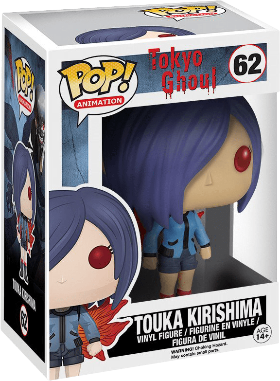 東京喰種 木崎由香 Funko Pop 壁紙 — 來自《東京喰種》的霧嶋董香 Funko Pop! 乙烯基公仔，身穿藍色外套，紅色眼睛，展示在原裝包裝中。