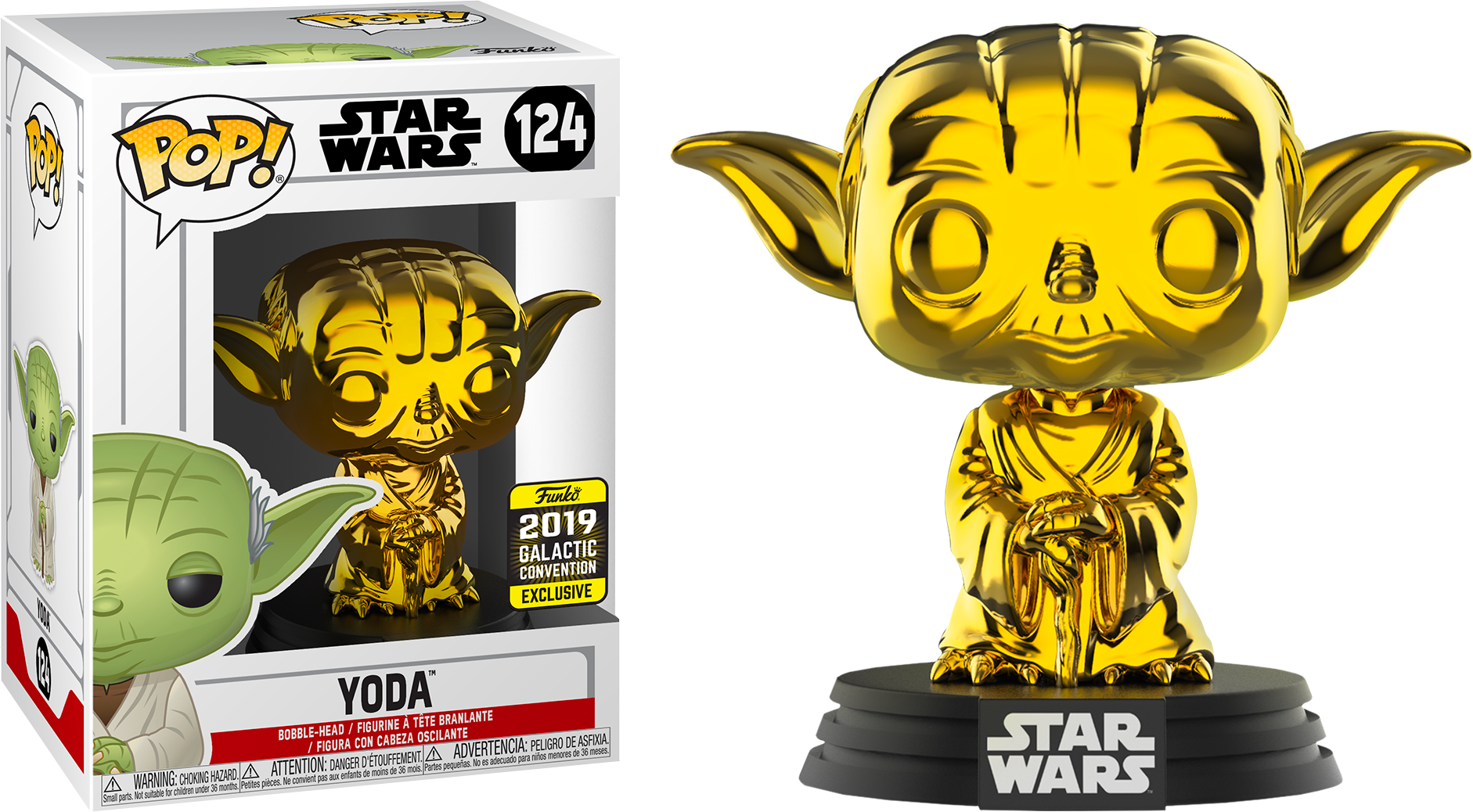金色尤達 Funko Pop 獨家收藏品 壁紙 — 一個閃亮的金色尤達 Funko Pop! 人偶與其2019年銀河大會限定盒一起放在黑色背景前。