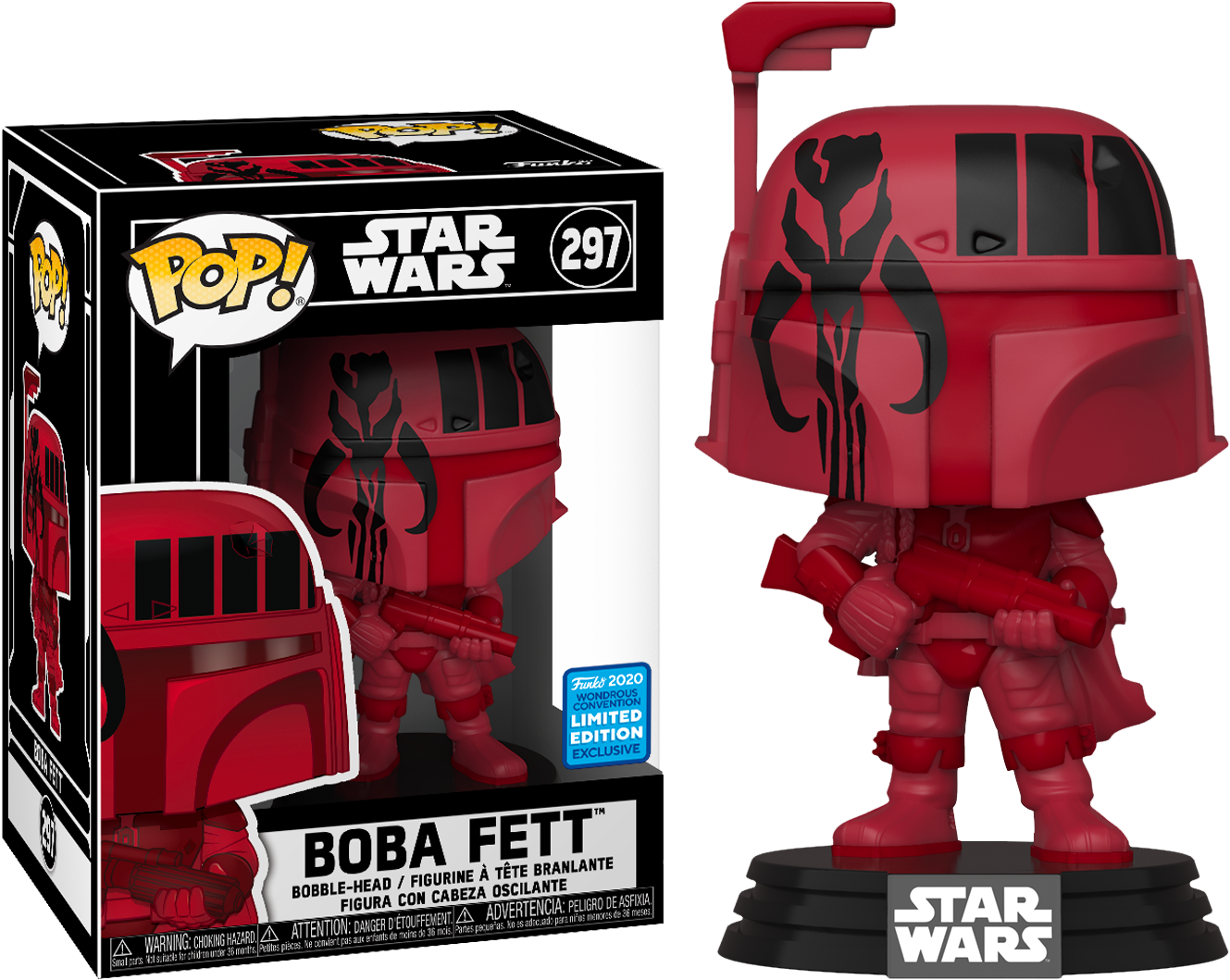 紅色波巴·費特 Funko Pop 限定版 壁紙 — 一個紅色波巴·費特 Funko Pop! 人偶站在其盒子旁邊，盒子上有曼達洛人標誌和「Limited Edition」標籤。