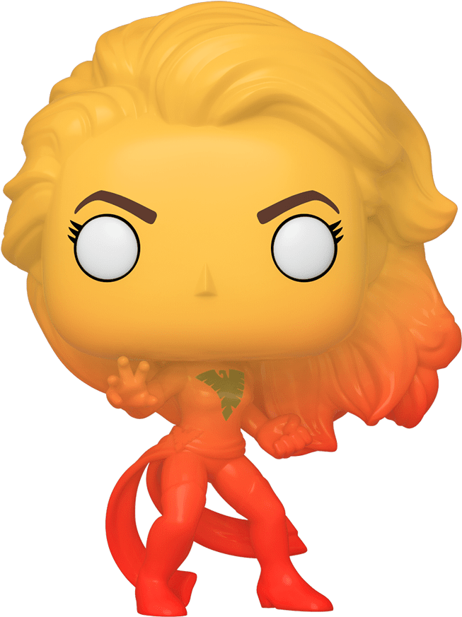 洛基 Funko Pop 玩偶 壁紙 — 一個風格化的橙色和黃色Funko Pop公仔，描繪一位擁有火焰般頭髮和胸前葉子標誌的女超級英雄。