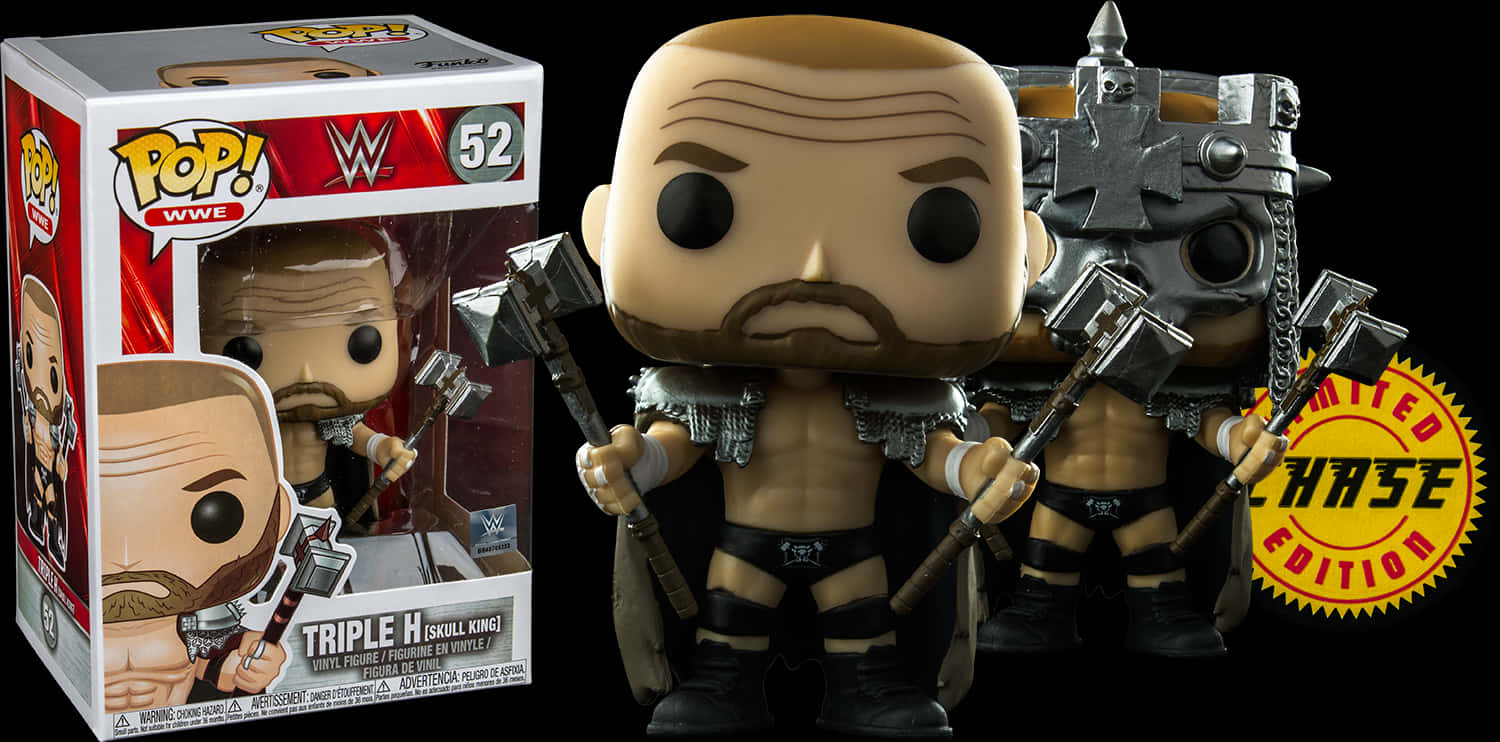 Funko Pop Triple H骷髏王限量版 壁紙 — Funko Pop WWE Triple H Skull King 帶有斧頭和盔甲的乙烯基人偶站在其限量追尋版盒子旁邊。