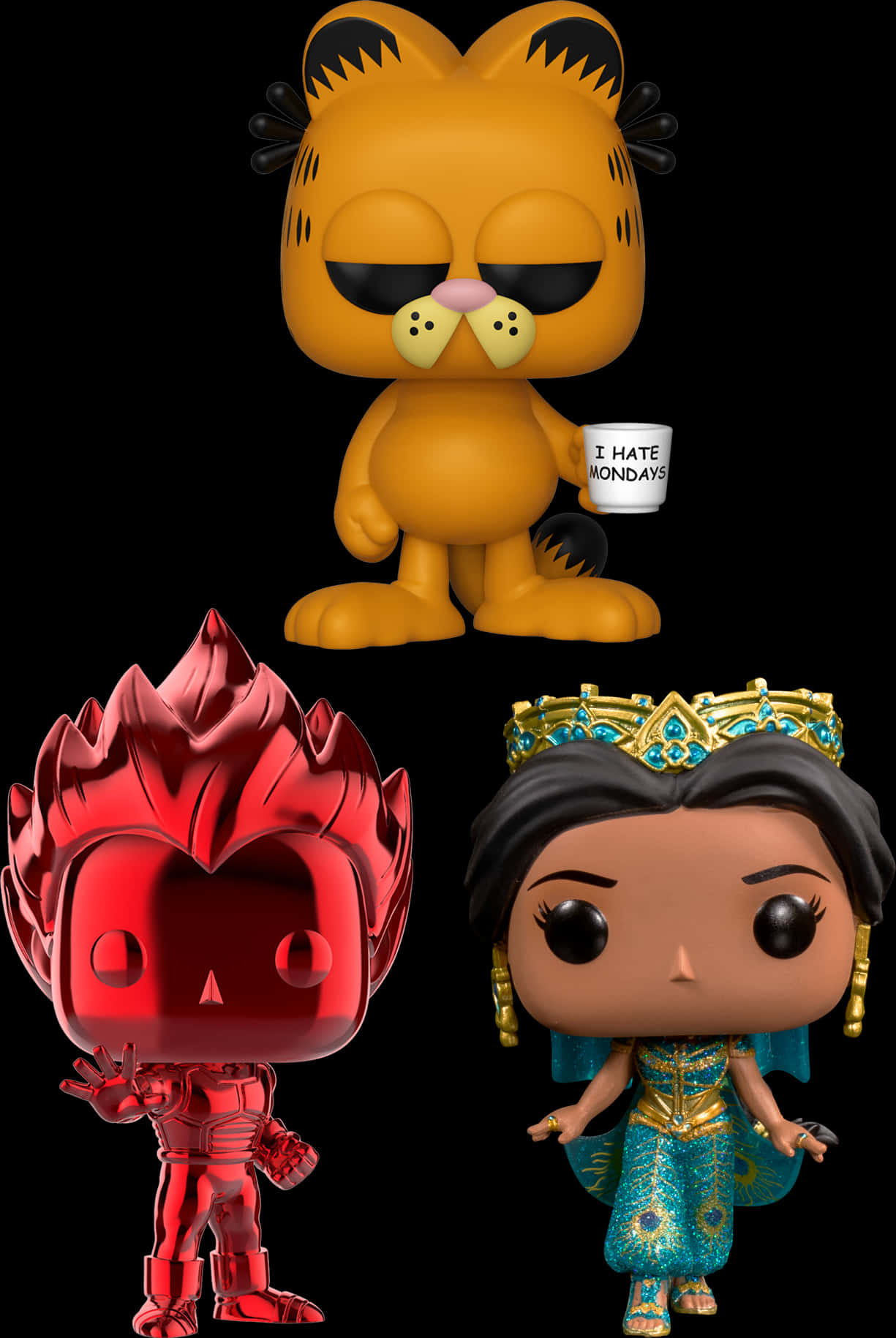 加菲貓與多款 Funko Pop 玩偶 壁紙 — 三個 Funko Pop 人偶站在黑色背景前：加菲貓拿著杯子、一個紅色尖刺頭髮的角色、以及一位身穿藍色和金色服飾、戴著皇冠的公主。