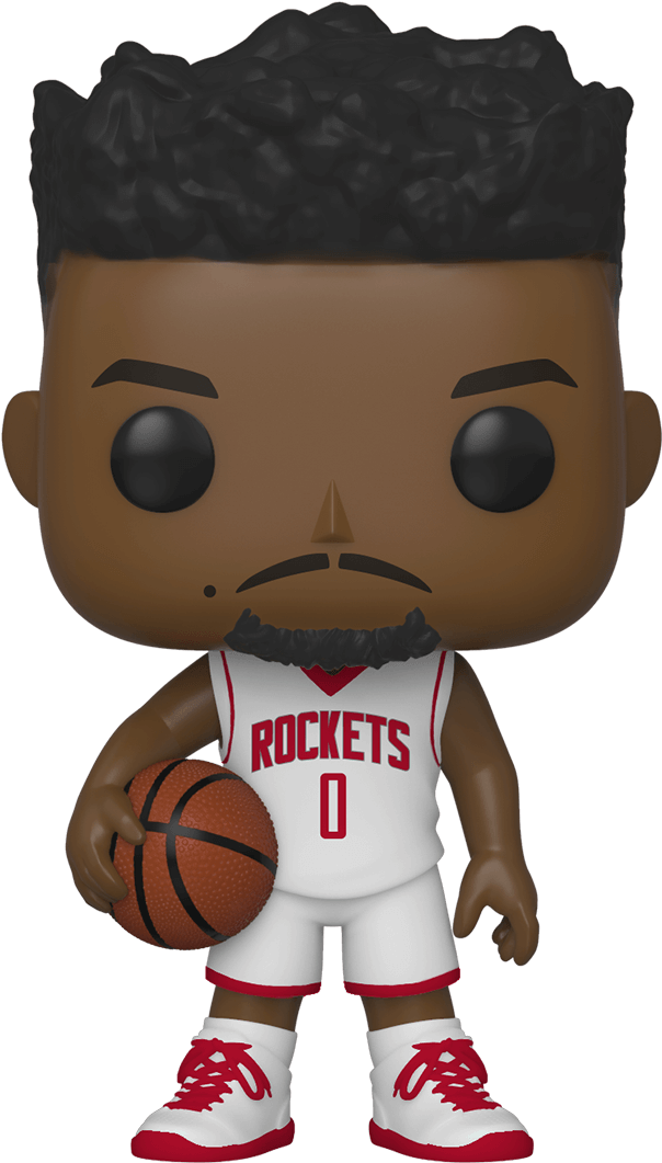 休斯敦火箭隊Funko Pop人偶 壁紙 — 一個穿著白色火箭隊球衣、手持籃球的籃球運動員Funko Pop人偶。
