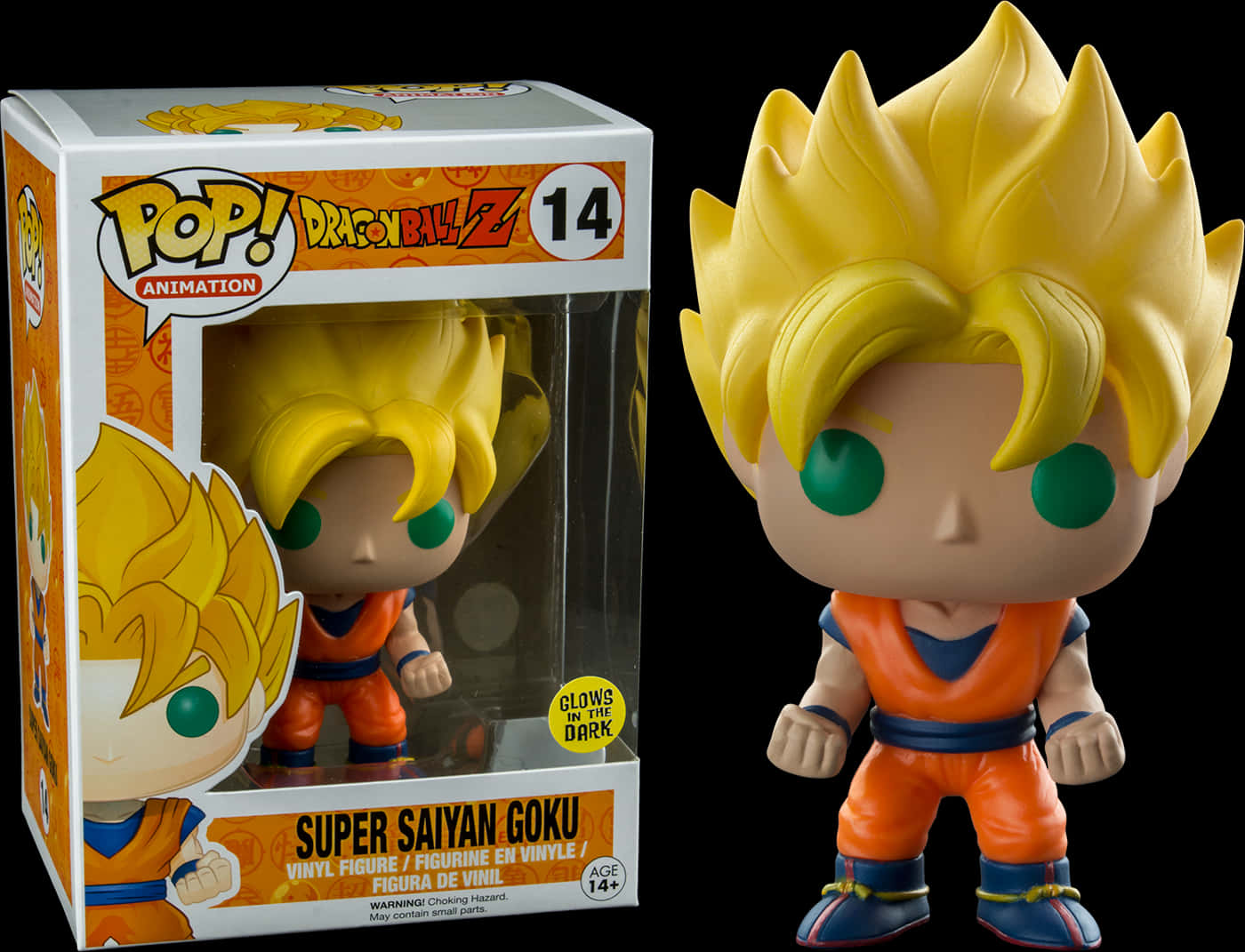 超級賽亞悟空Funko Pop 壁紙 — 一個Funko Pop! 超級撒亞人悟空嘅塑膠公仔，穿著經典橙色同藍色衫，有發光綠色眼睛。