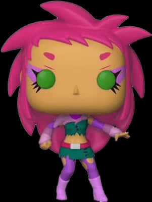 星火 Funko Pop 公仔 壁紙 — 一個風格化的粉紅色頭髮、綠色眼睛的動漫女孩，穿著紫色服裝，在黑色背景前擺出動態姿勢。