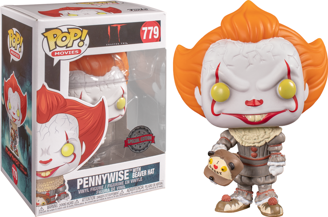 潘尼懷斯 Funko Pop 特別版 壁紙 — 來自《IT》的Pennywise小丑Funko Pop! 搪膠公仔，手持海狸帽，旁邊是其收藏盒。