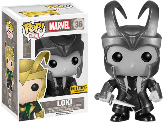 洛基 Funko Pop 毀版人偶 壁紙 — 一個灰色和黑色的Funko Pop! Marvel Loki人偶站在其收藏盒旁邊，盒上展示了角色標誌性的角盔和劍。
