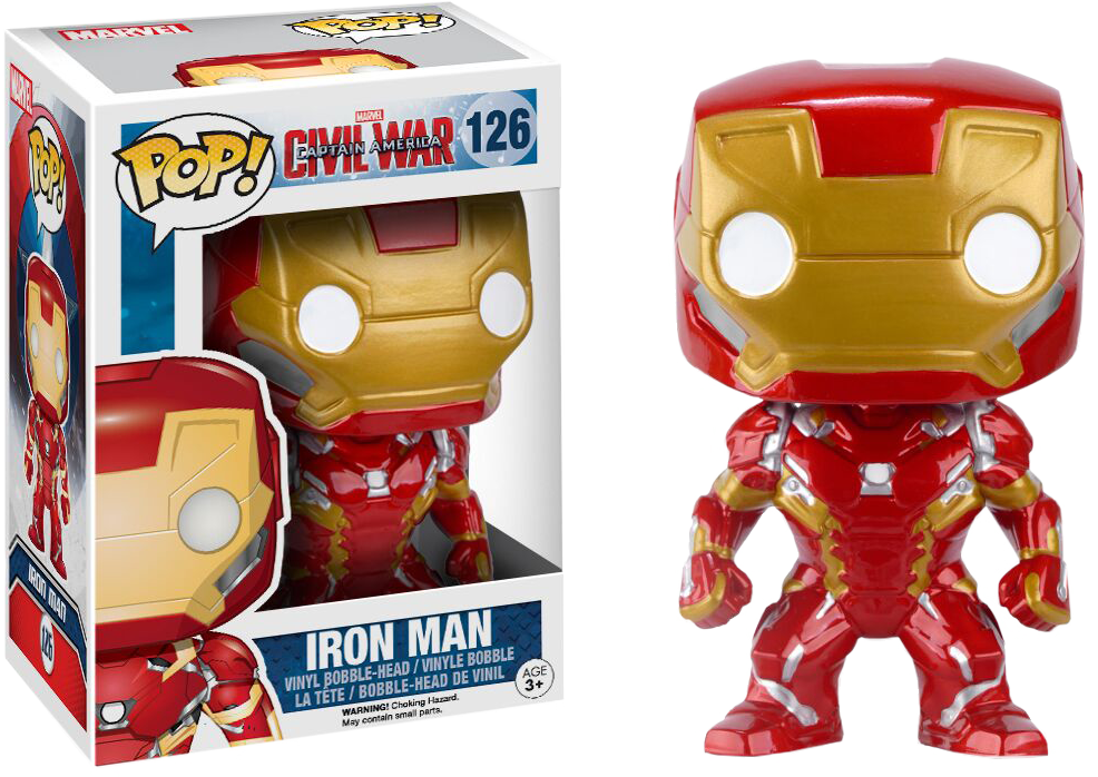 鋼鐵人 Funko Pop 毀版公仔 壁紙 — 一個紅色和金色的鐵甲奇俠 Funko Pop! 乙烯基人偶站在其品牌盒子旁邊，背景為白色。