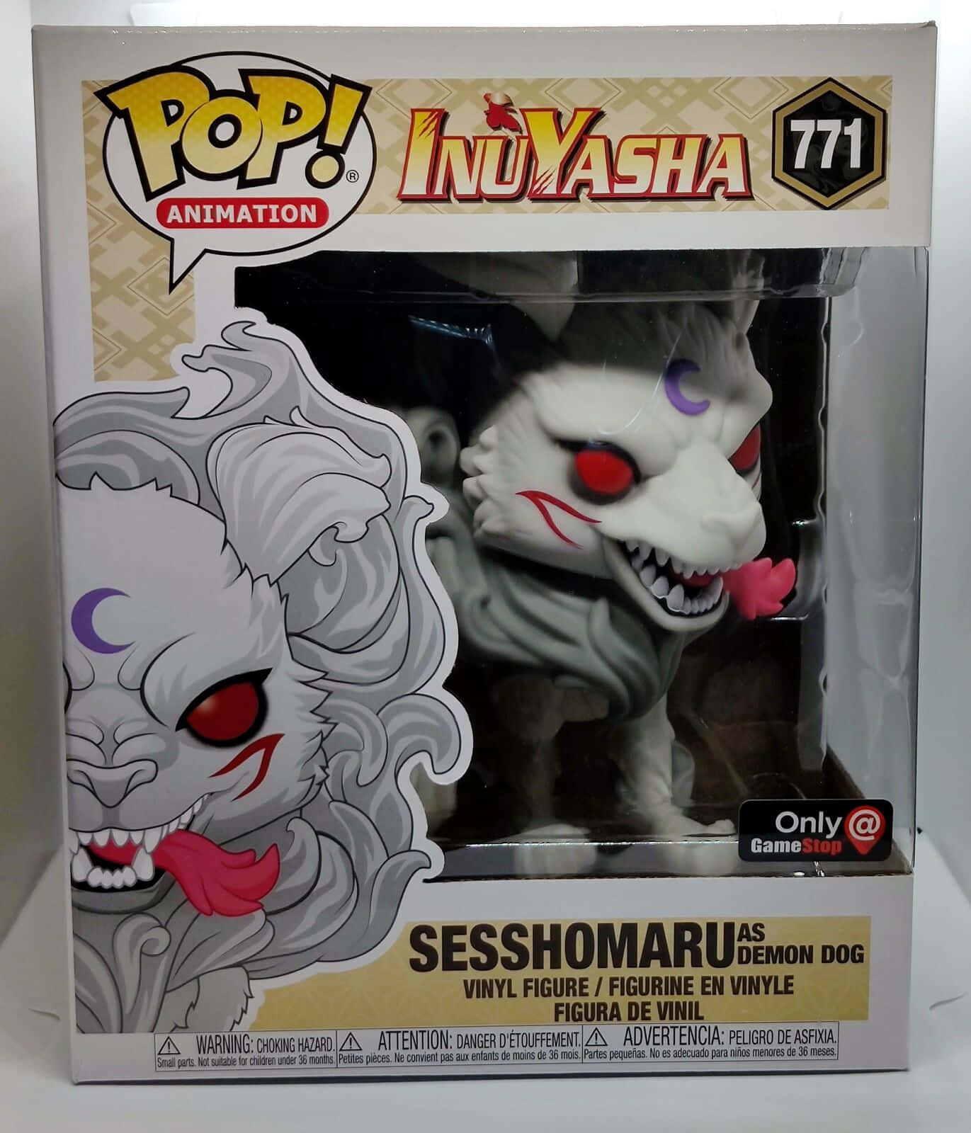 Inuyasha Yokai 桌布 壁紙 — 一個Funko Pop! 殺生丸作為惡魔狗的乙烯基公仔，有紅色眼睛和粉紅色舌頭，在其包裝中。