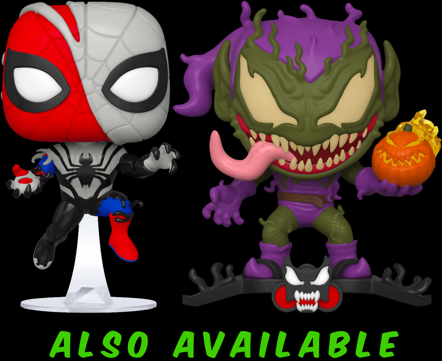 蜘蛛人與綠惡魔 Funko Pop 公仔 壁紙 — 兩個Funko Pop人偶站在黑色背景前，一個是半紅半白的蜘蛛俠，另一個是紫色和綠色的毒魔拿著南瓜。